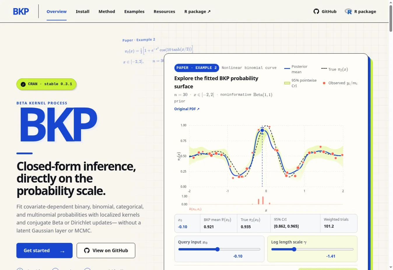 Screenshot of the real BKP project website, focused on its interactive probability modeling example.